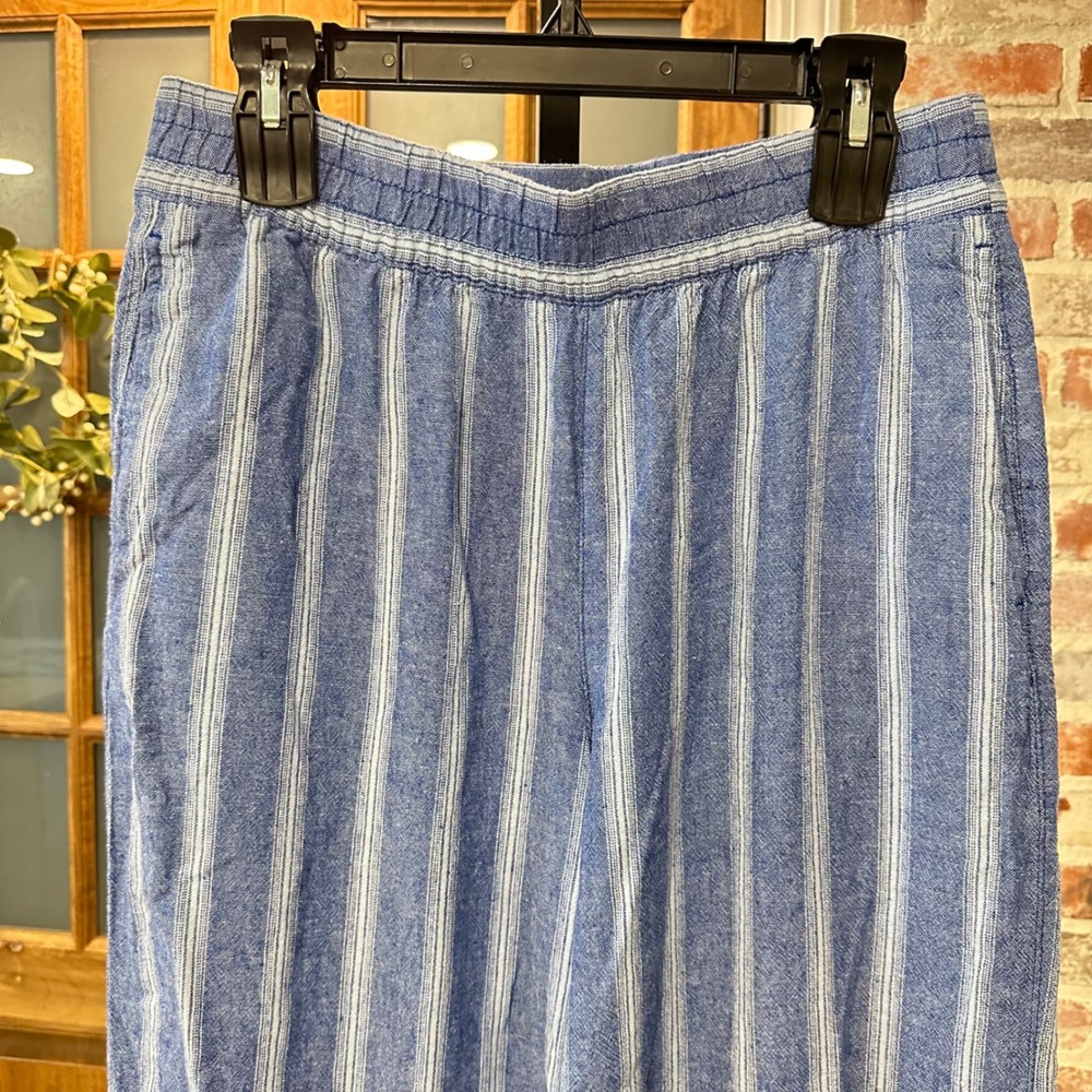 Old Navy Pants Women M Blue Striped Linen Blend High Rise Wide Leg Comfort Waist - Picture 6 of 8